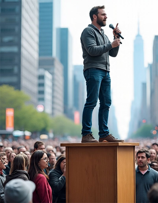 Man on top of a podium speaking to a crowd